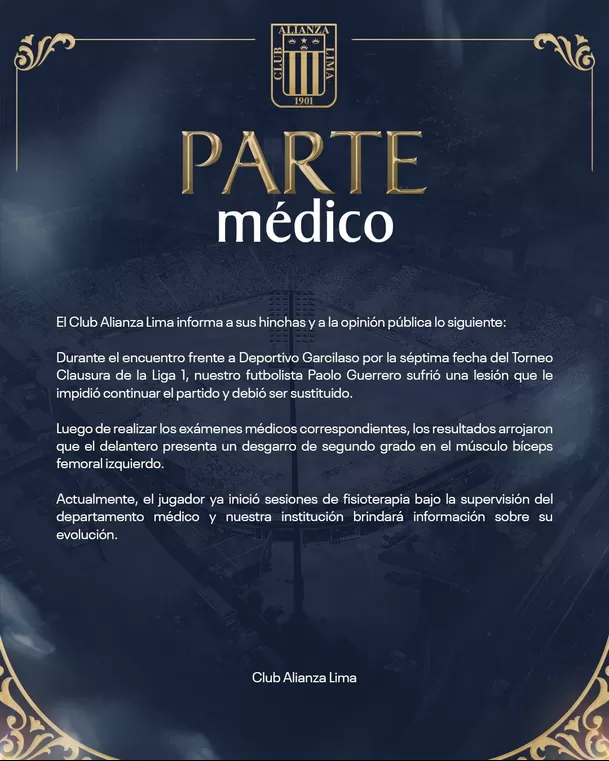 Parte médico de la lesión de Paolo Guerrero / Foto: Alianza Lima Parte médico de la lesión de Paolo Guerrero / Foto: Alianza Lima