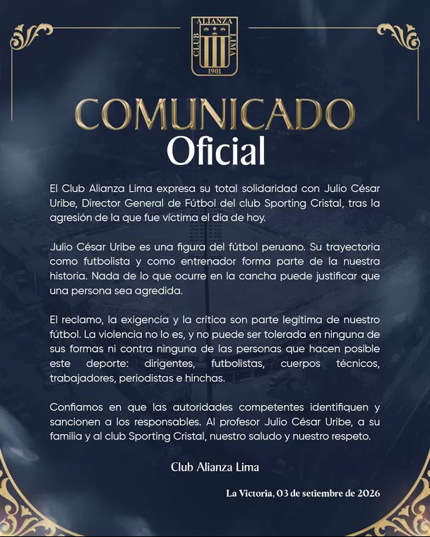 Comunicado de Alianza Lima sobre Julio César Uribe / Foto: Alianza Lima Comunicado de Alianza Lima sobre Julio César Uribe / Foto: Alianza Lima