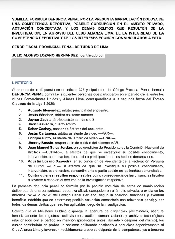 Socios de Alianza Lima presentaron denuncia penal tras partido en Cutervo. 