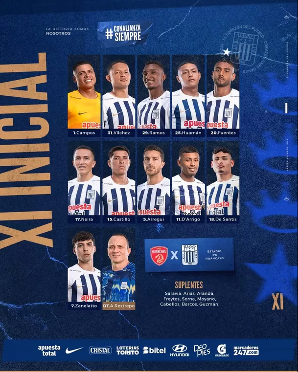 Alineación de Alianza Lima para encuentro con Sport Huancayo / Foto: Alianza Lima