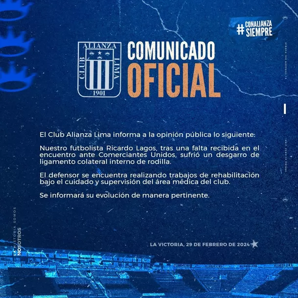 Comunicado de Alianza Lima sobre Ricardo Lagos. | Foto: Alianza Lima. Comunicado de Alianza Lima sobre Ricardo Lagos. | Foto: Alianza Lima.