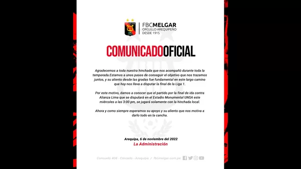 Comunicado de Melgar