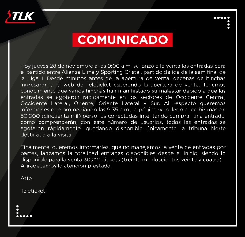 Comunicado oficial de Teleticket
