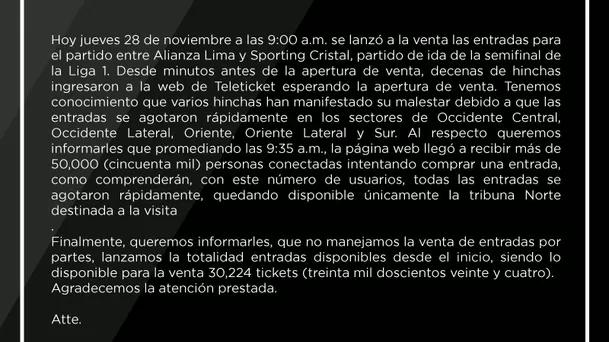 Comunicado oficial de Teleticket Comunicado oficial de Teleticket