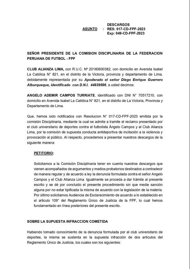 Descargo de Ángelo Campos ante la Comisión Disciplinaria de la FPF.