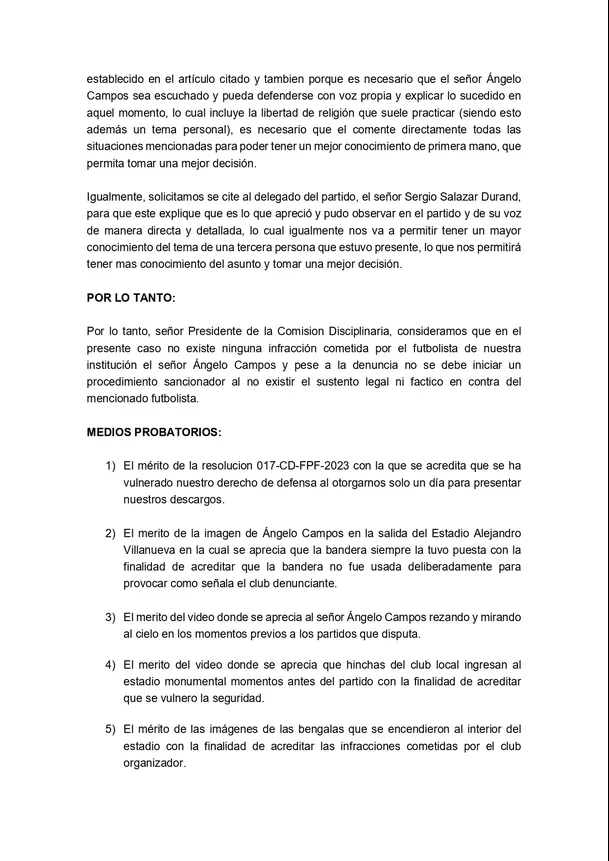 Descargo de Ángelo Campos ante la Comisión de Disciplina de la FPF.  