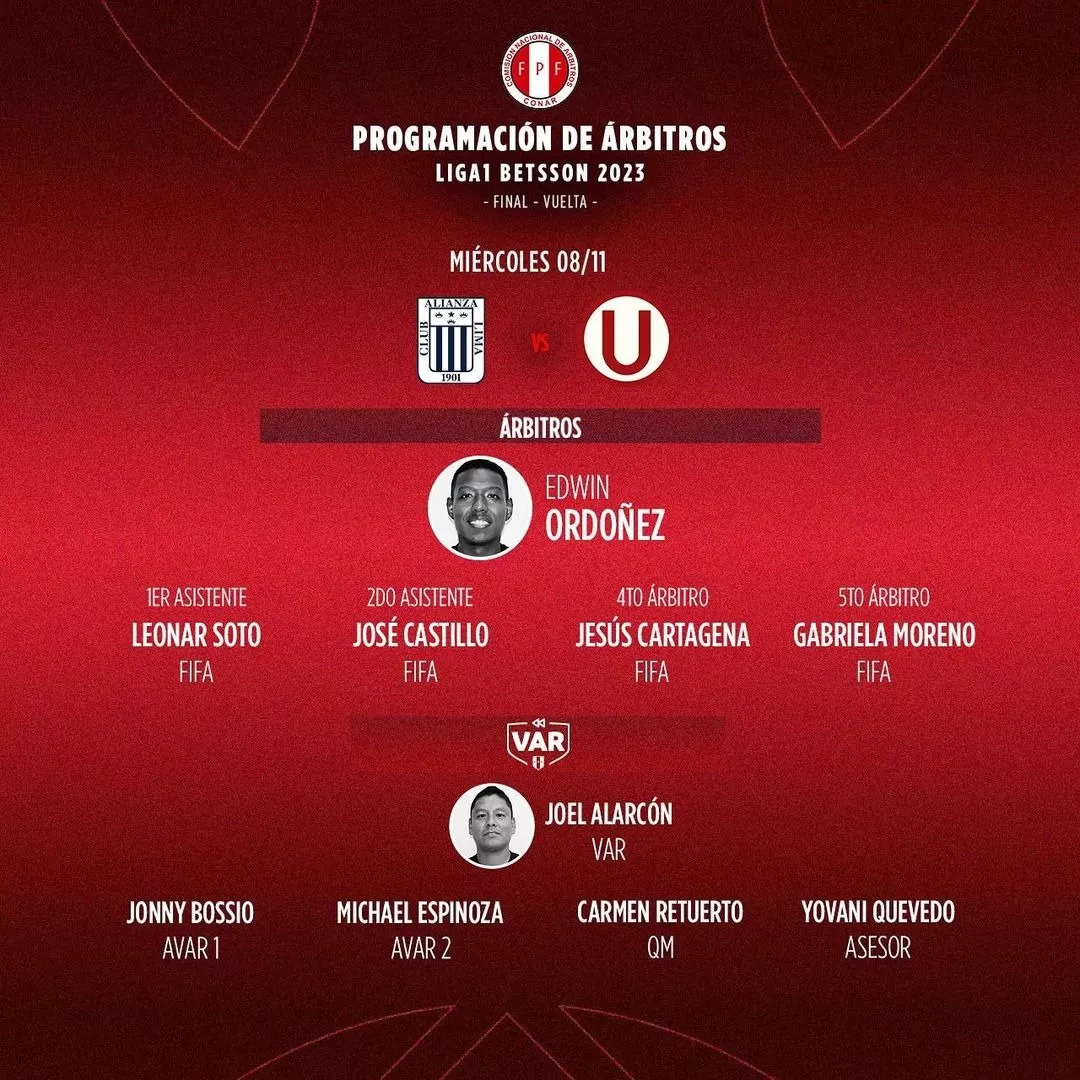 Los árbitros para el Alianza Lima vs. Universitario. | Fuente: CONAR
