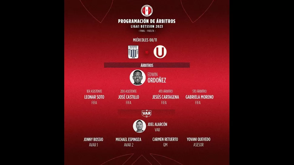 Los árbitros para el Alianza Lima vs. Universitario. | Fuente: CONAR
