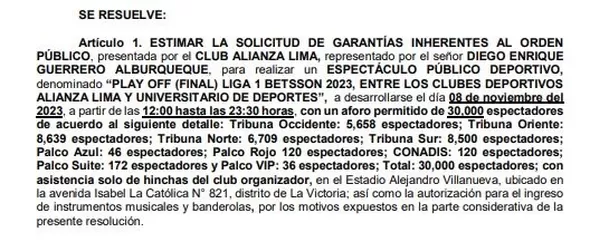 Garantías aprobadas para el Alianza Lima vs. Universitario.