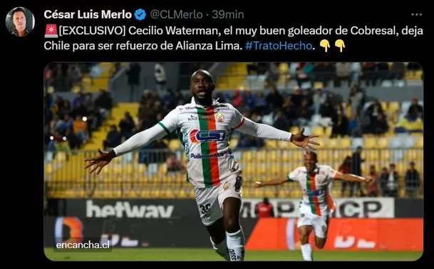 Cecilio Waterman se pondrá la camiseta blanquiazul en la temporada 2024. | Foto: Twitter.