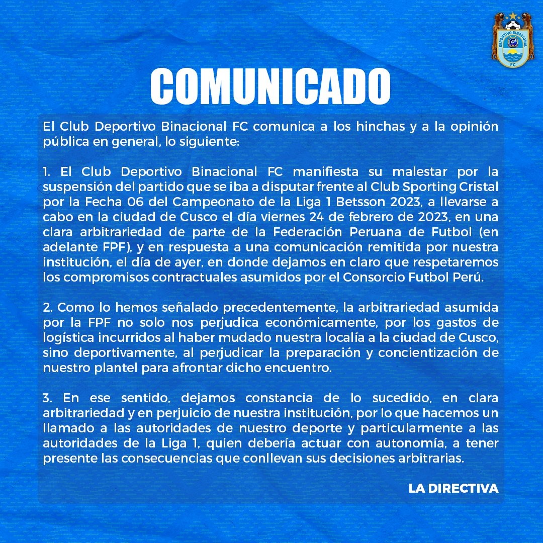 Comunicado del Deportivo Binacional FC