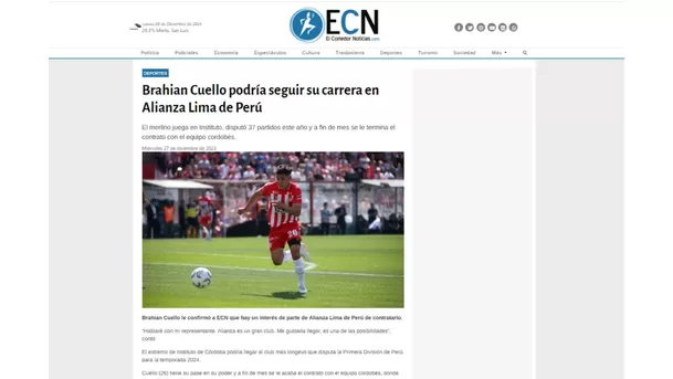 Nota del medio argentino El Corredor Noticias donde resaltan las declaraciones de Brahian Cuello  / Foto: El Corredor Noticias