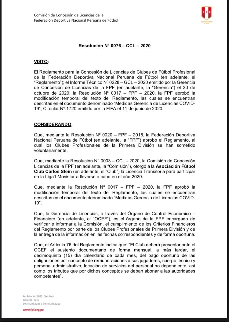 Documento de la Comisión de Licencias de la FPF.