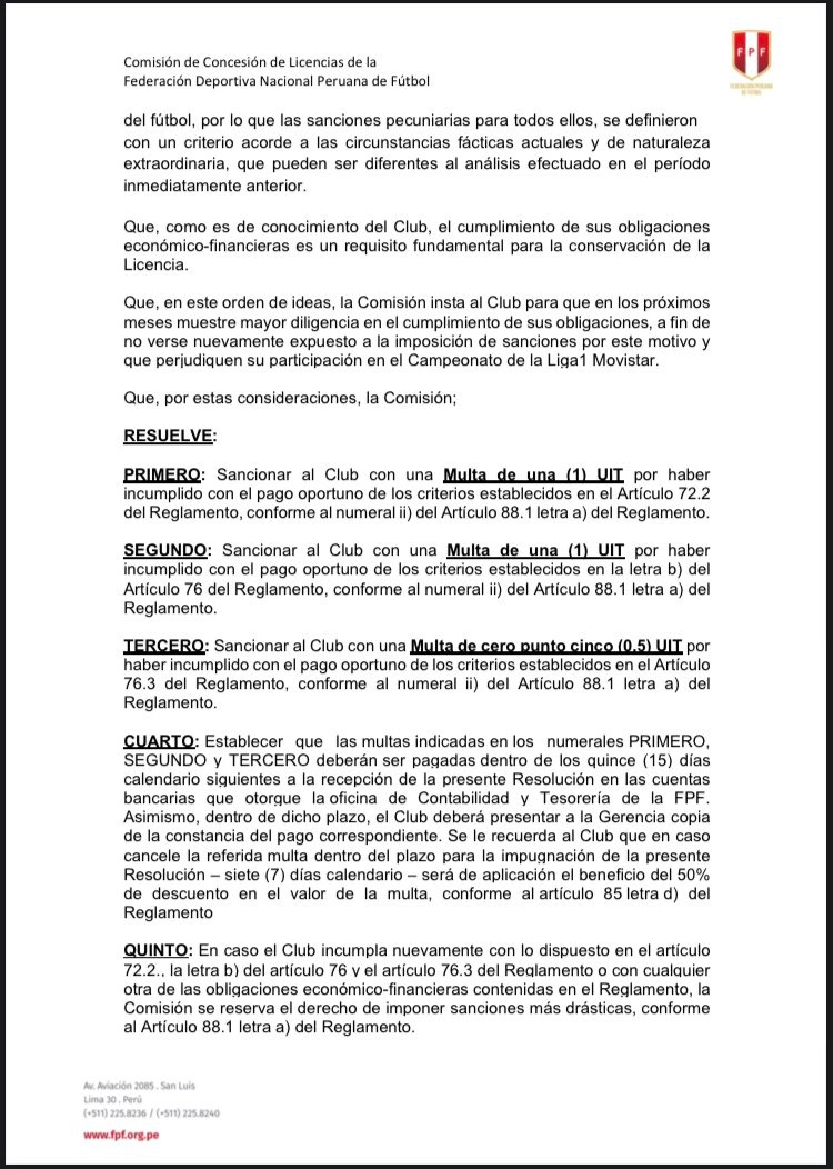 Documento de la Comisión de Licencias de la FPF.