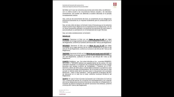 Documento de la Comisión de Licencias de la FPF.
