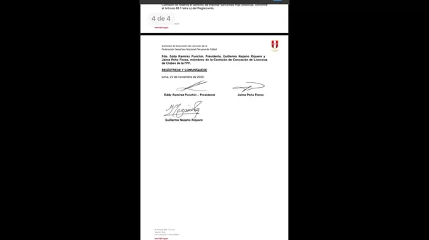 Documento de la Comisión de Licencias de la FPF.