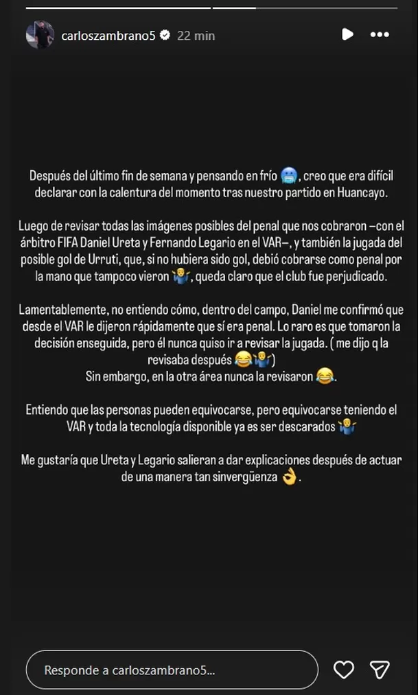 Carlos Zambrano arremetió contra árbitros tras fallos en el Sport Boys vs Sport Huancayo / Foto: Instagram Carlos Zambrano Carlos Zambrano arremetió contra árbitros tras fallos en el Sport Boys vs Sport Huancayo / Foto: Instagram Carlos Zambrano