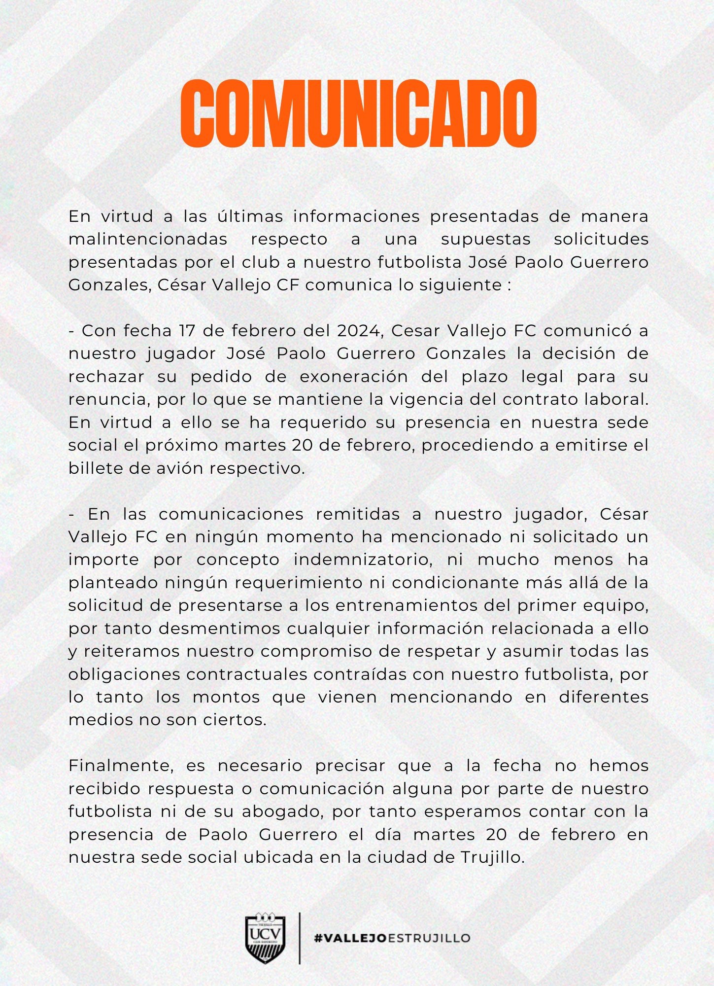 Comunicado Club Universidad César Vallejo caso Paolo Guerrero. | Foto: UCV.