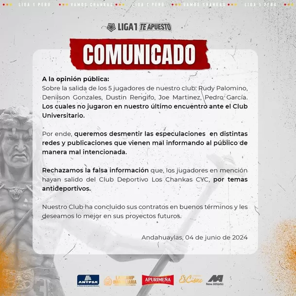 Comunicado de Los Chankas tras salida de 5 jugadores / Foto: Los Chankas