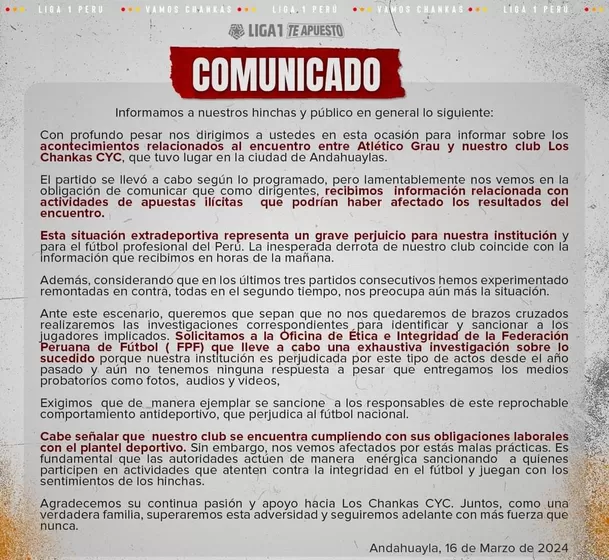 Este es el comunicado de la directiva de Los Chankas. | Fuente: @LosChankas