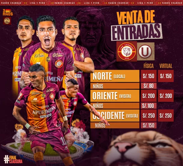 Precios de entradas del partido entre Los Chankas y Universitario. | Foto: Los Chankas