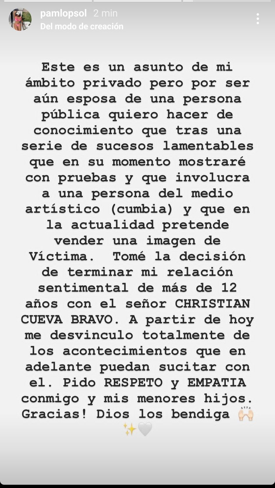 Comunicado Pamela López, esposa de Christian Cueva. | Foto: Instagram.
