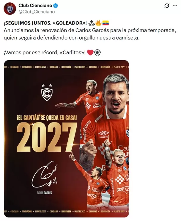 Cienciano hizo oficial la ampliación de contrato para Carlos Garcés / X Cienciano