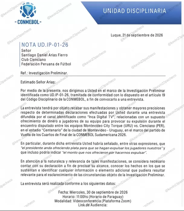 Documento de CONMEBOL sobre caso de Santiago Arias / Fuente: X Kevin Pacheco Documento de CONMEBOL sobre caso de Santiago Arias / Fuente: X Kevin Pacheco