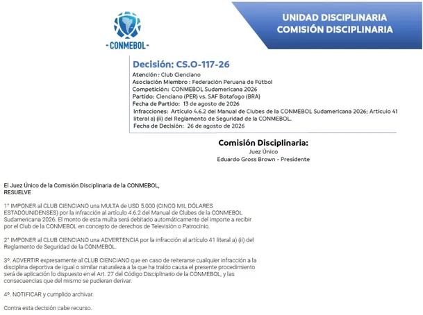 Conmebol sancionó a Cienciano / Foto: Conmebol Conmebol sancionó a Cienciano / Foto: Conmebol