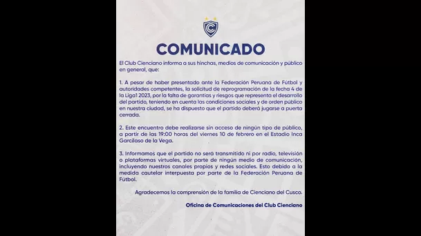 Comunicado del Cienciano del Cusco