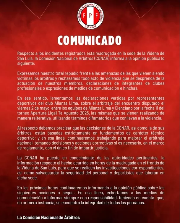 Comunicado de la CONAR tras amenazas a árbitros / IG Comunicado de la CONAR tras amenazas a árbitros / IG