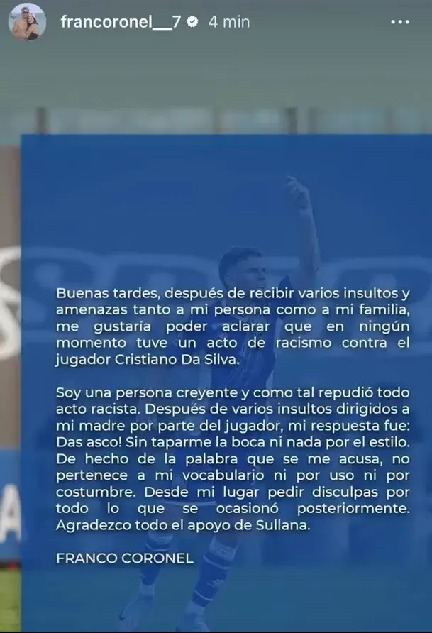 Publicación de Franco Coronel sobre supuesto insulto racista / IG