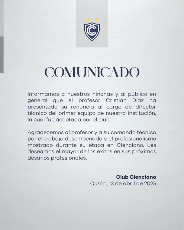 Cienciano comunicó la salida de Cristian Díaz / Foto: Cienciano