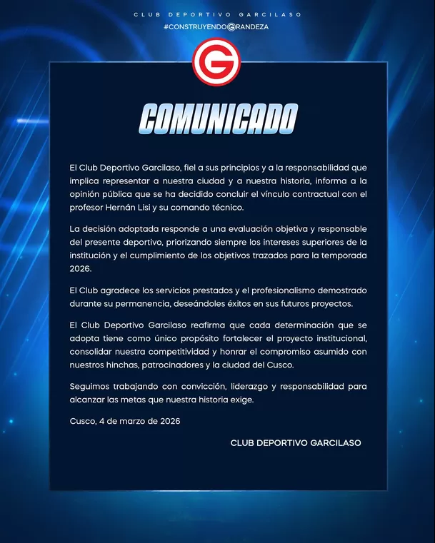 Comunicado de Deportivo Garcilaso sobre Hernán Lisi / X
