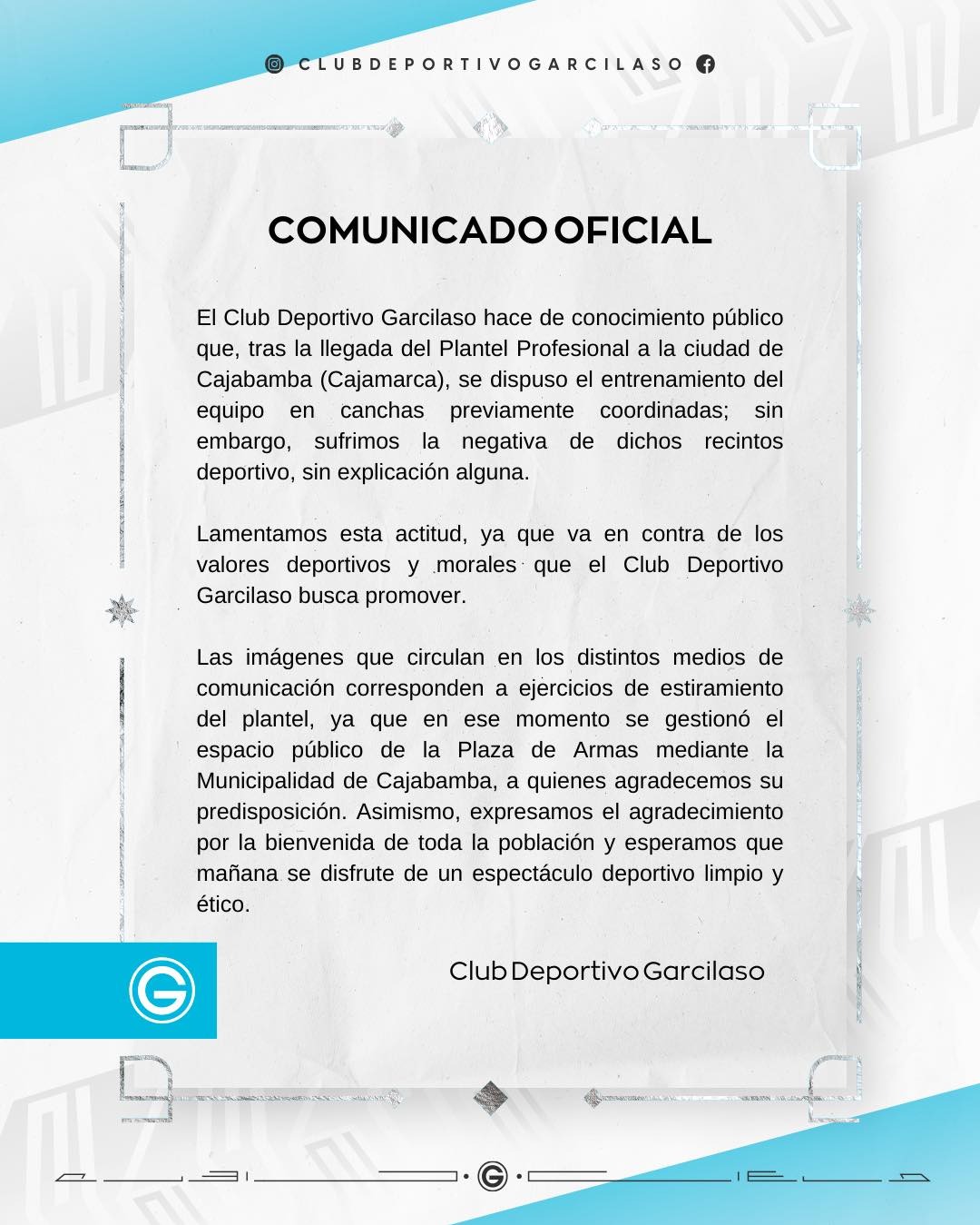 Comunicado emitido por Deportivo Garcilaso tras los hechos ocurridos en Cajabamba / Foto: Deportivo Garcilaso