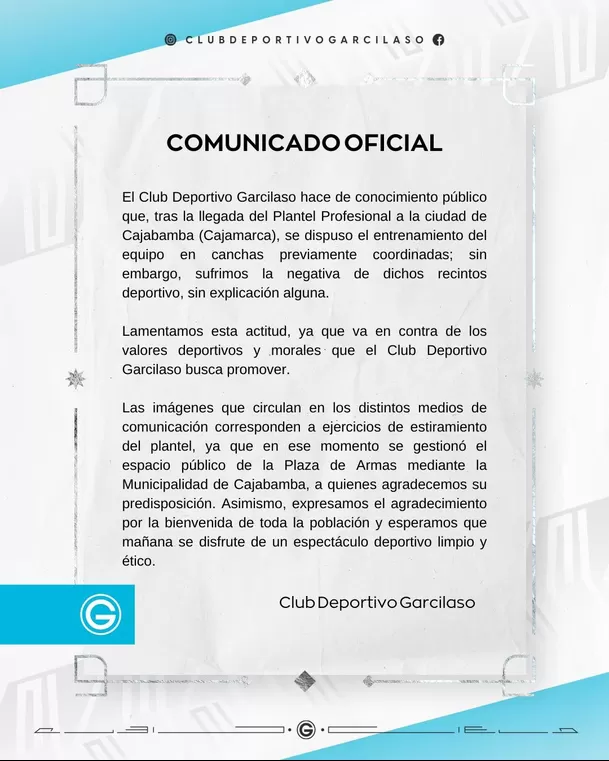 Comunicado emitido por Deportivo Garcilaso tras los hechos ocurridos en Cajabamba / Foto: Deportivo Garcilaso