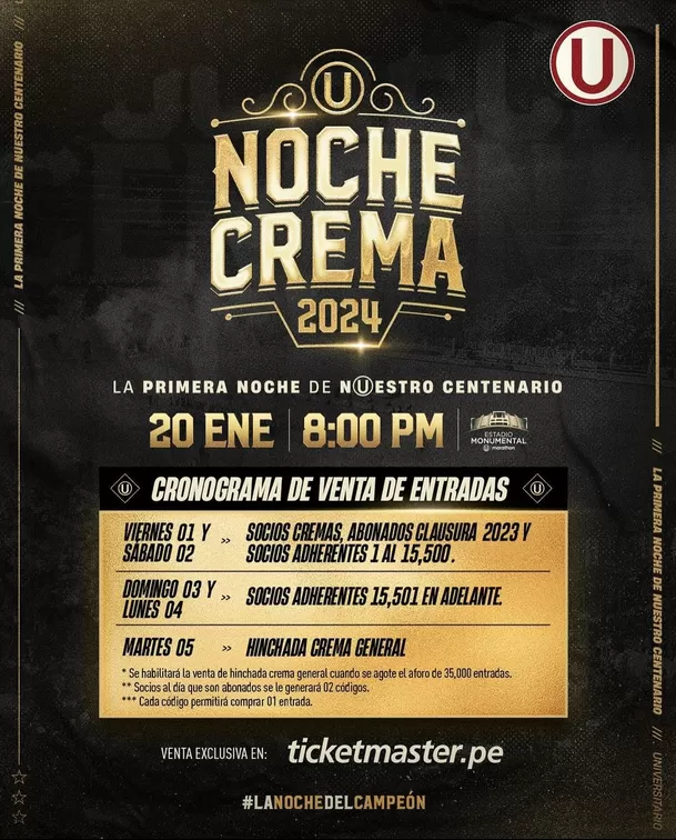 Entradas para la Noche Crema de Universitario. | Fuente: @universitario