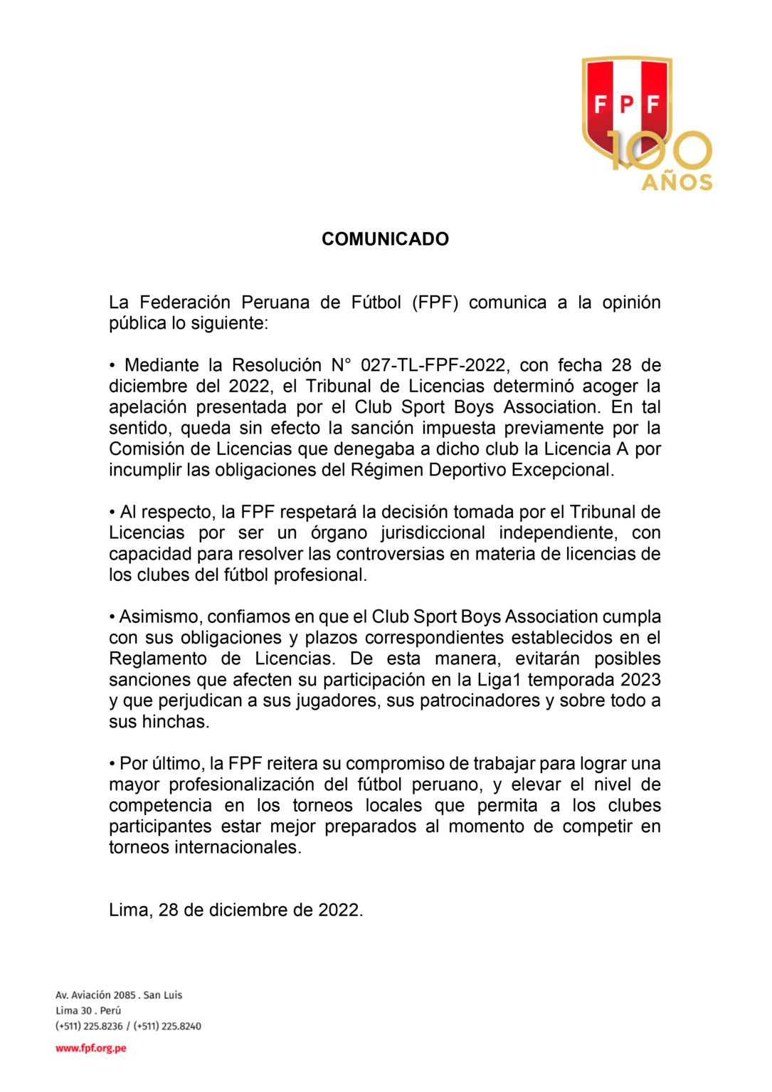 Comunicado de la FPF