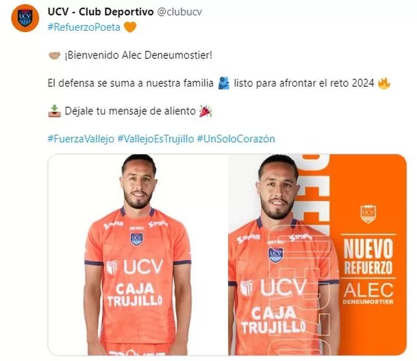 Alec Deneumostier jugará en César Vallejo. | Fuente: @MelgarOficial