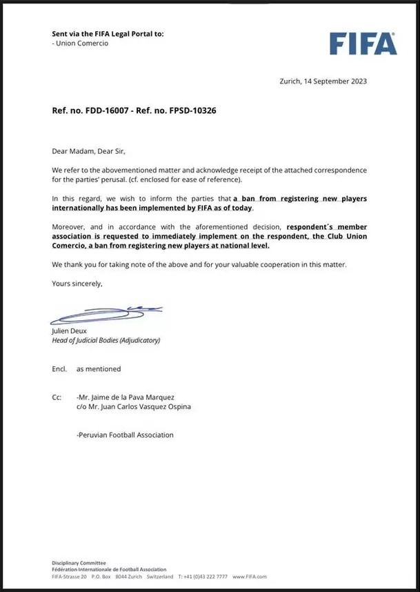 La FIFA impuso sanción a Unión Comercio. | Fuente: FIFA