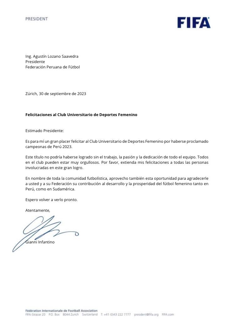 Carta de Gianni Infantino al equipo femenino de Universitario. | Fuente: FIFA