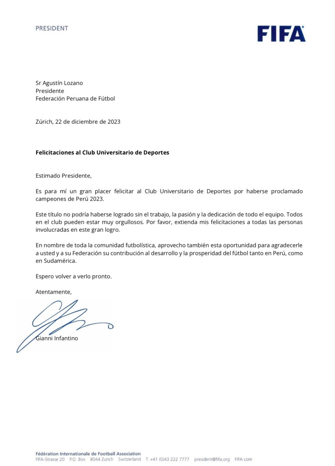 Carta de Gianni Infantino al equipo masculino de Universitario. | Fuente: FIFA