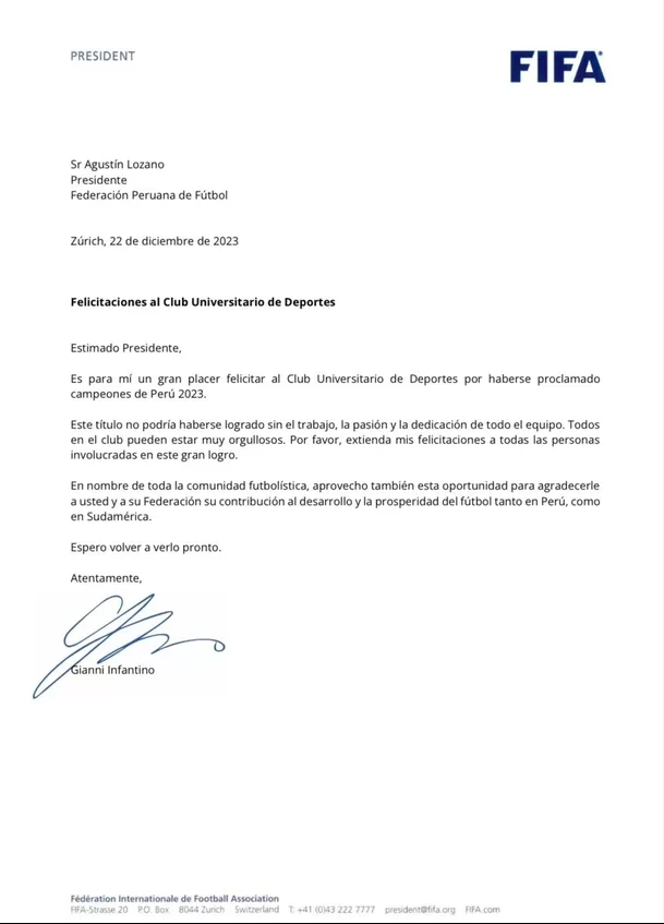 Carta de Gianni Infantino al equipo masculino de Universitario. | Fuente: FIFA