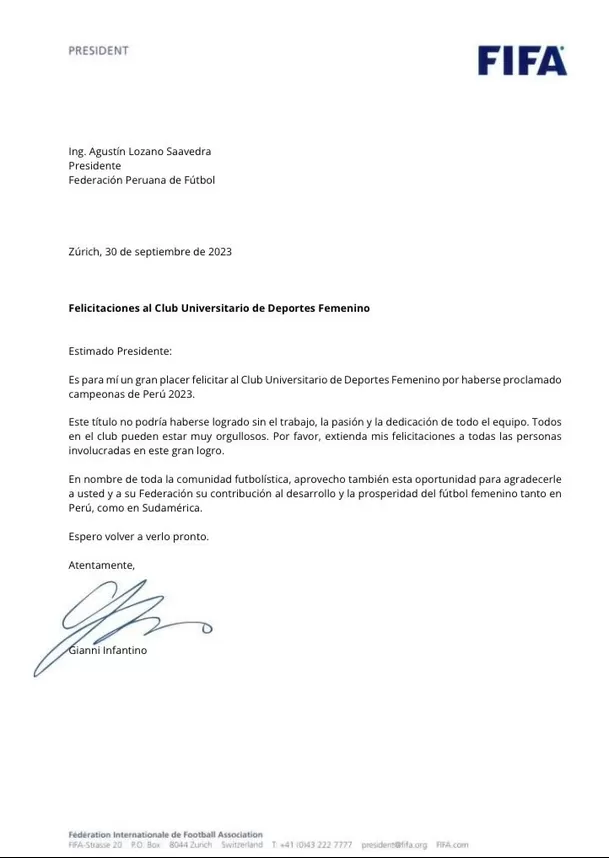 Carta de Gianni Infantino al equipo femenino de Universitario. | Fuente: FIFA