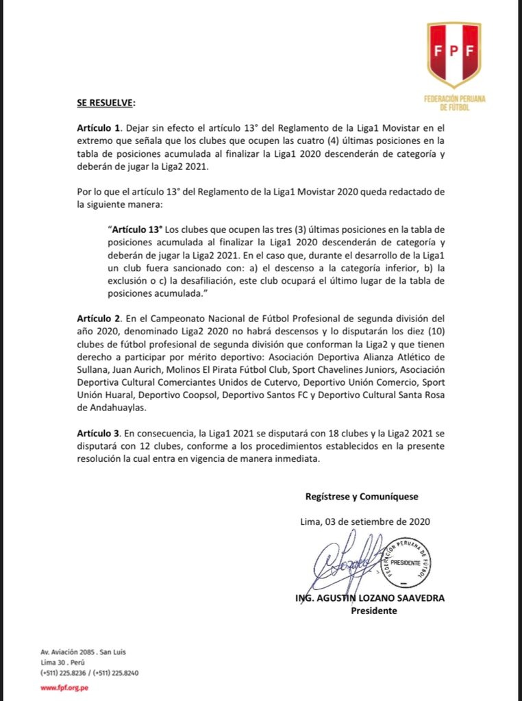Documento de la Federación Peruana de Fútbol.