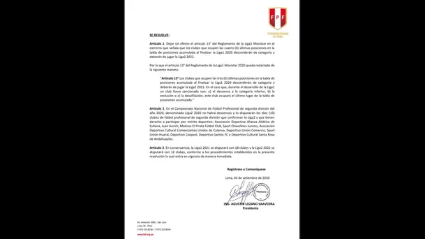 Documento de la Federación Peruana de Fútbol.