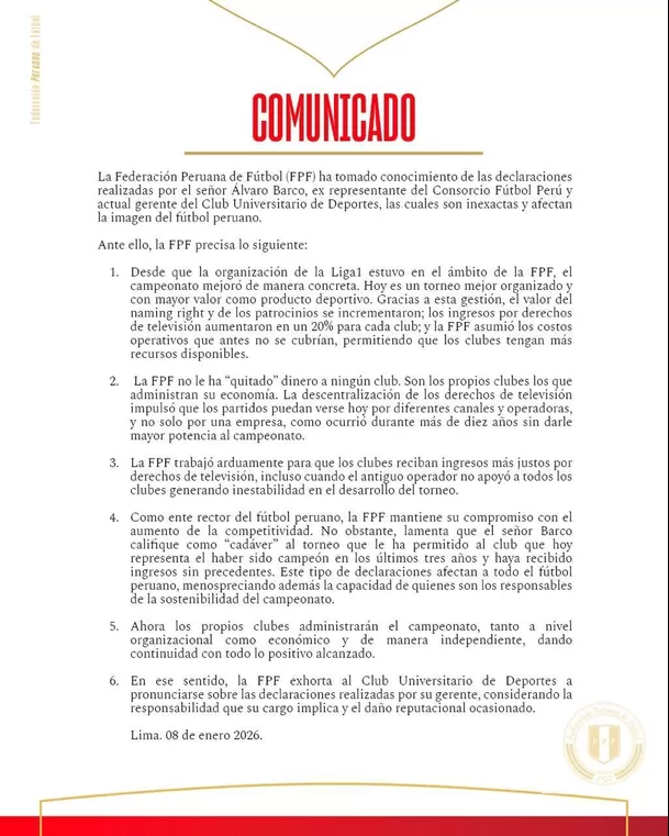 FPF lanzó un comunicado tras las declaraciones de Álvaro Barco / X