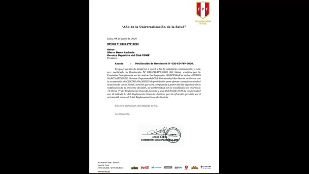 Este fue el documento que el envió la FPF.