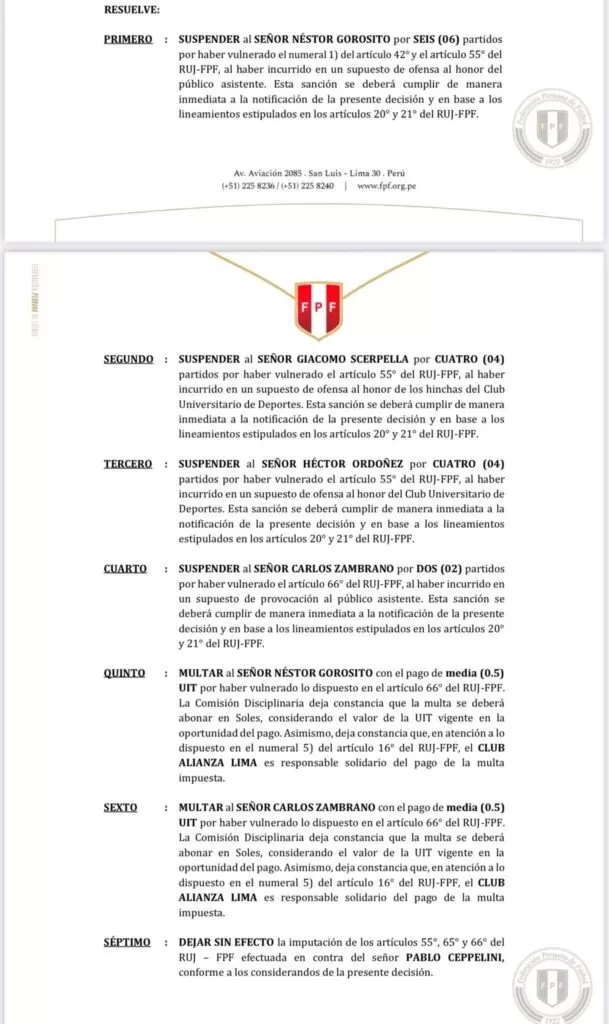 Resolución de Comisión Disciplinaria de la FPF tras el clásico / X