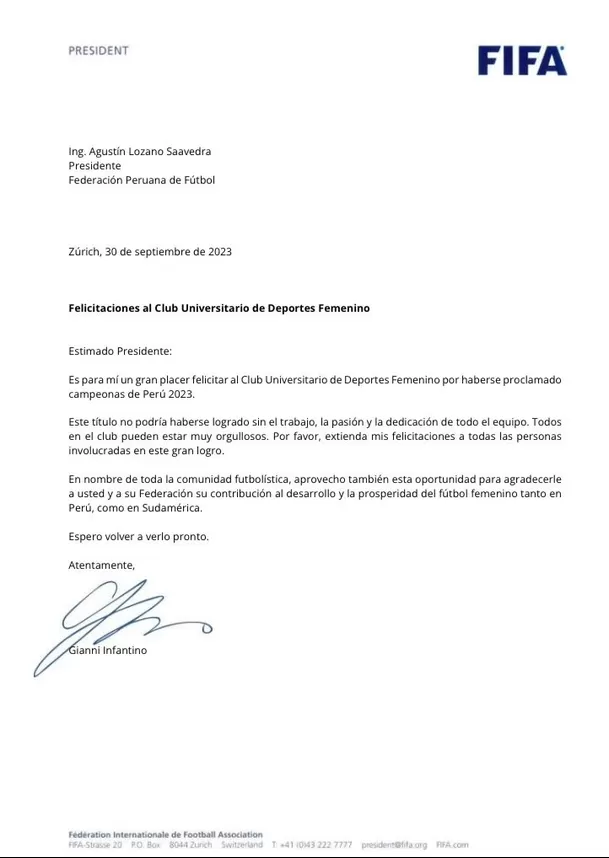 Carta de Gianni Infantino. | Fuente: @TuFPF